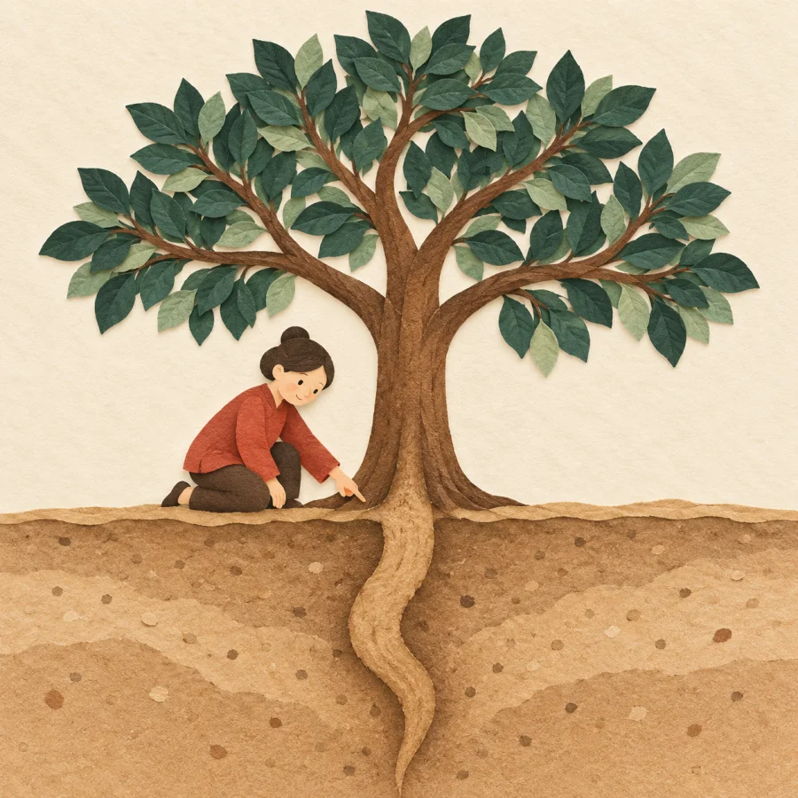 A person points at a tree's main root underground