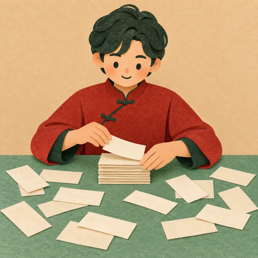 A person gathers scattered papers into one neat stack