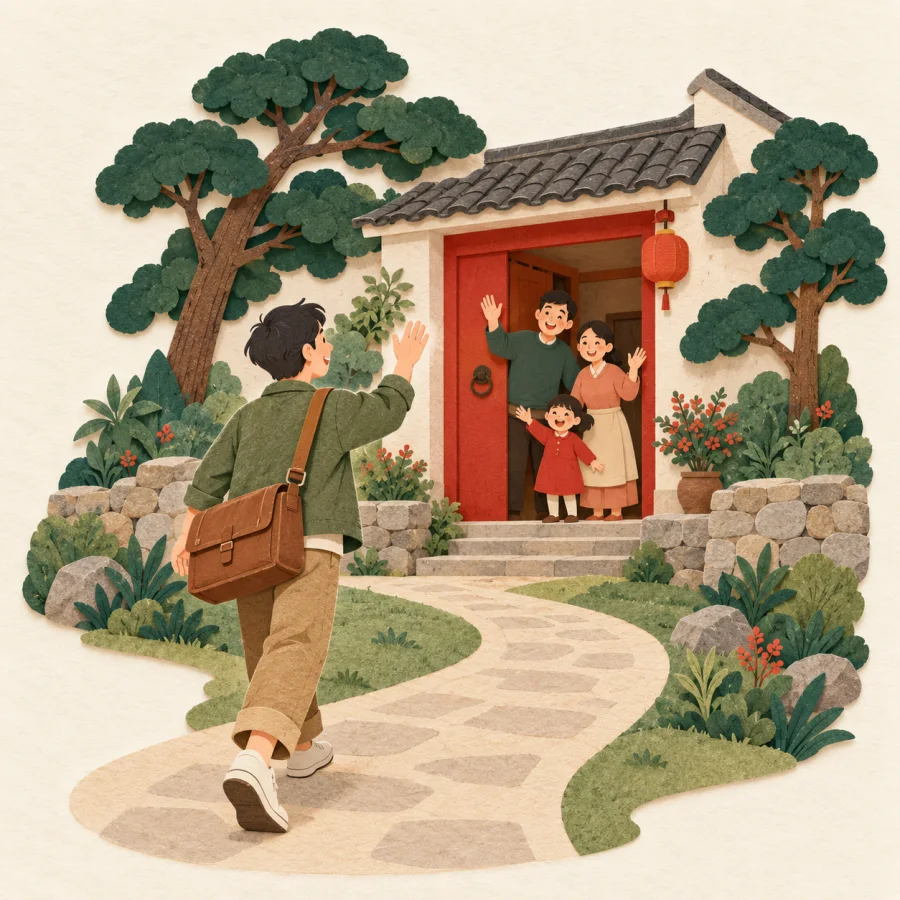 A traveler with a bag walks toward a waiting family