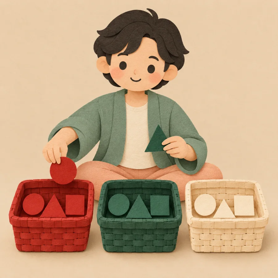 A person sorts colored papers into three baskets