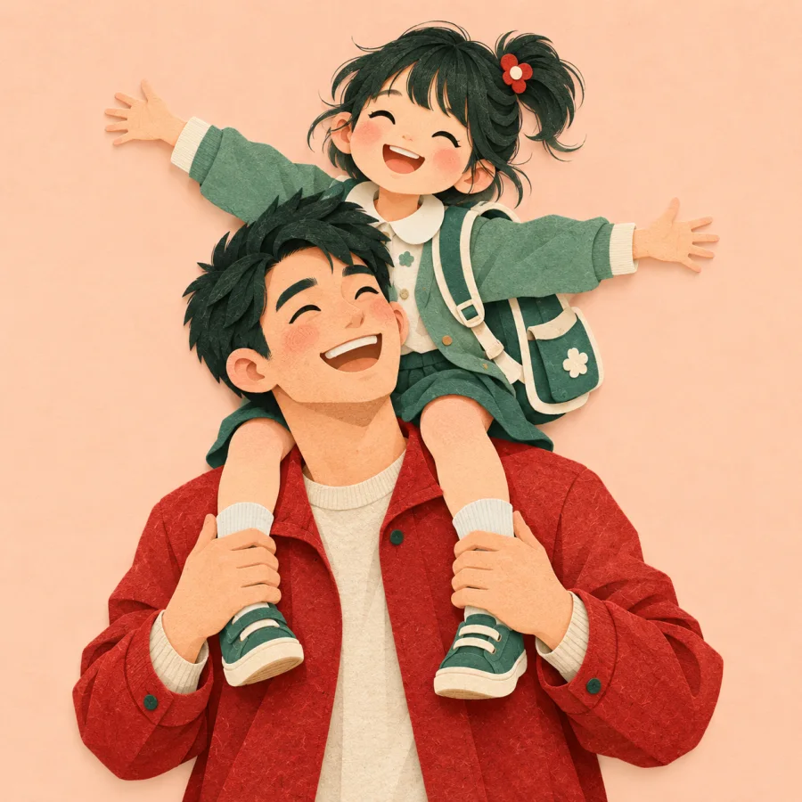 A father carries a girl with a school bag on his shoulders