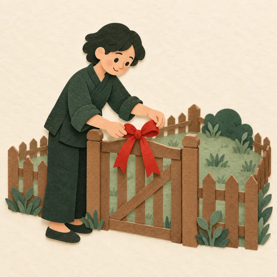 A person ties a red ribbon on a garden plot gate