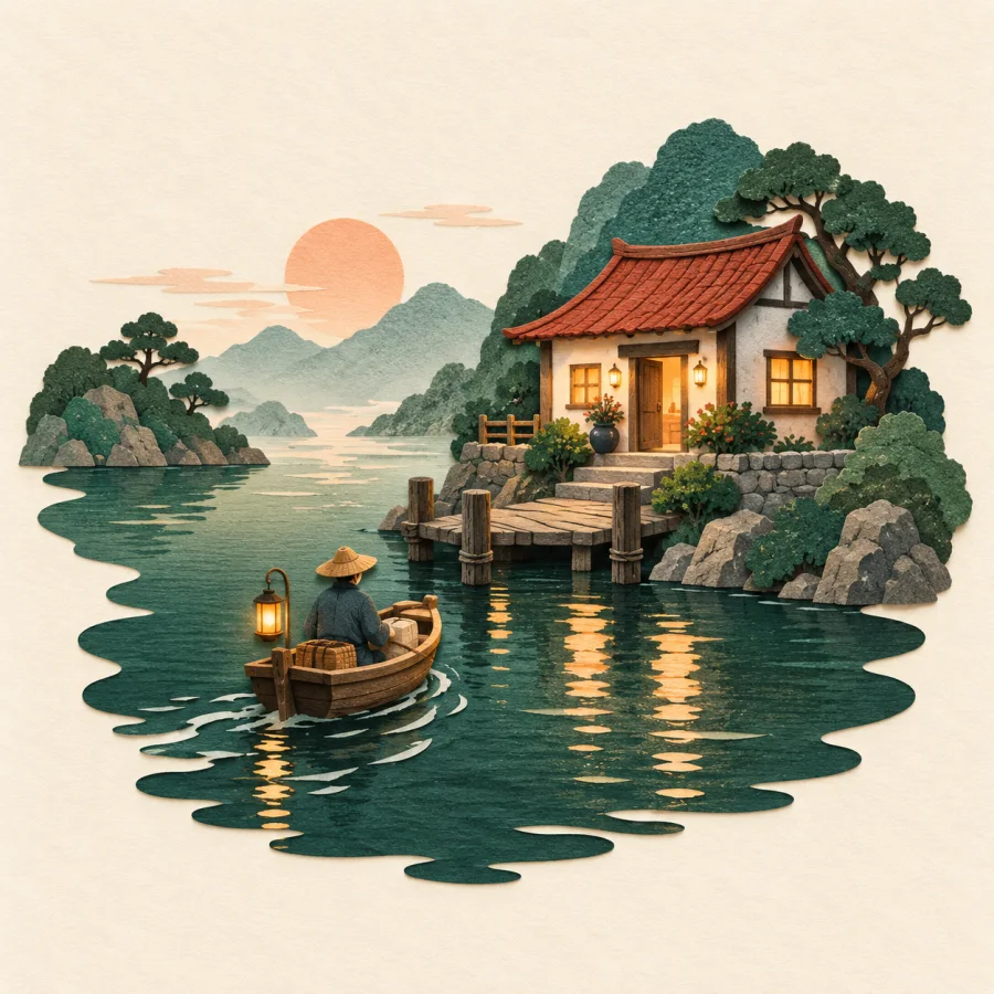 A boat approaches a harbor with a lit house