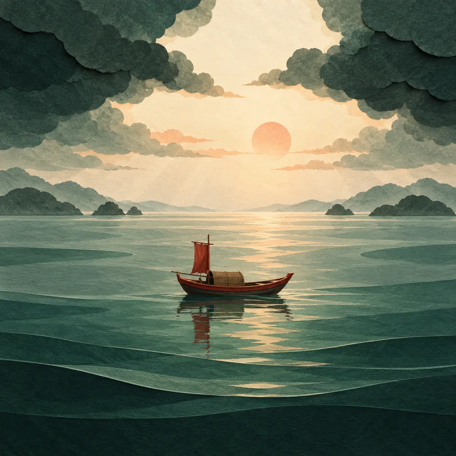 A calm sea after a storm with a small boat