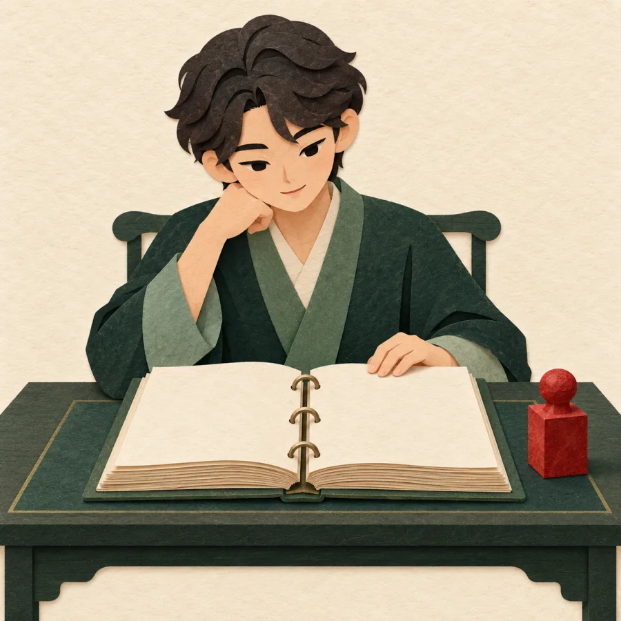 A person reads a thick binder beside a red stamp