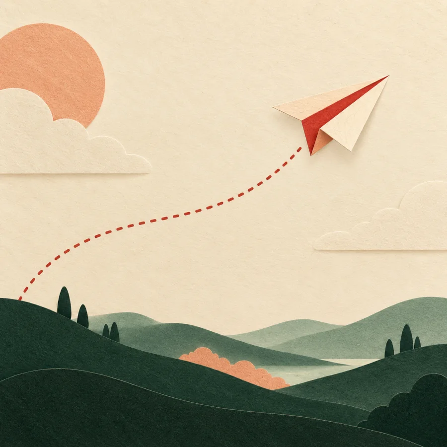 A paper plane leaves a curved dotted trail in the sky