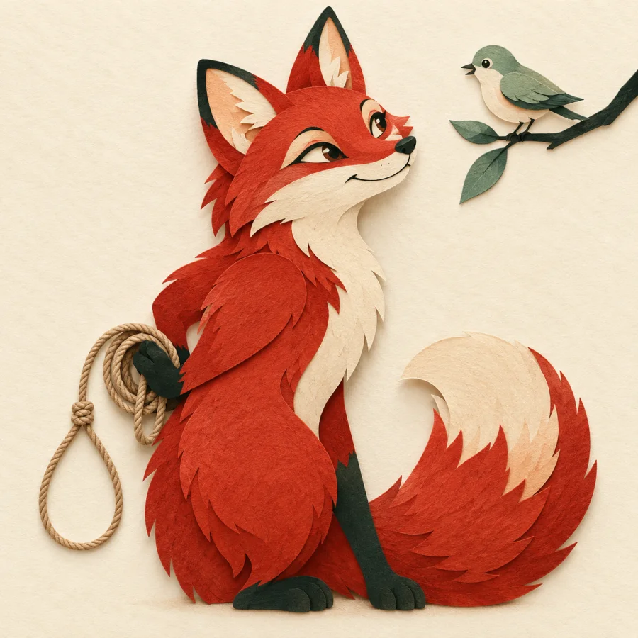 A fox hides a trap behind its back and smiles at a bird