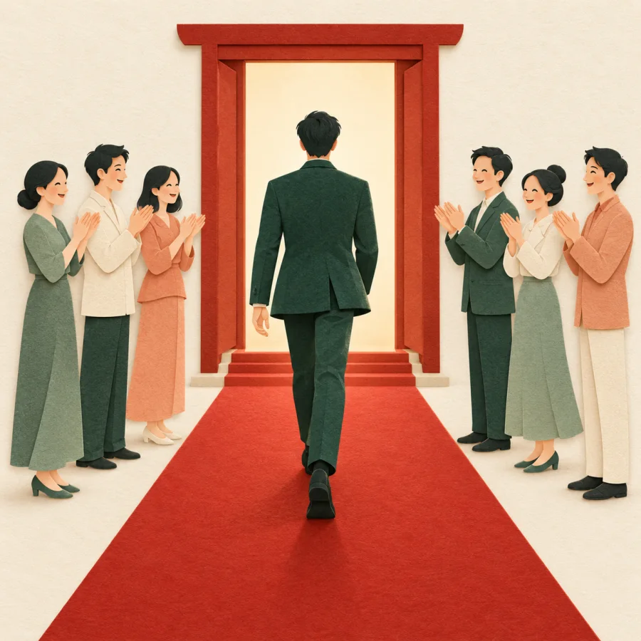 A person walks a red carpet between applauding people