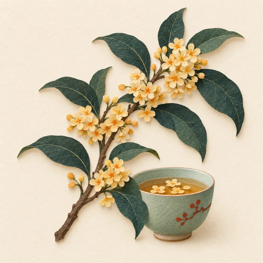 A branch with tiny blossoms and a tea cup with petals