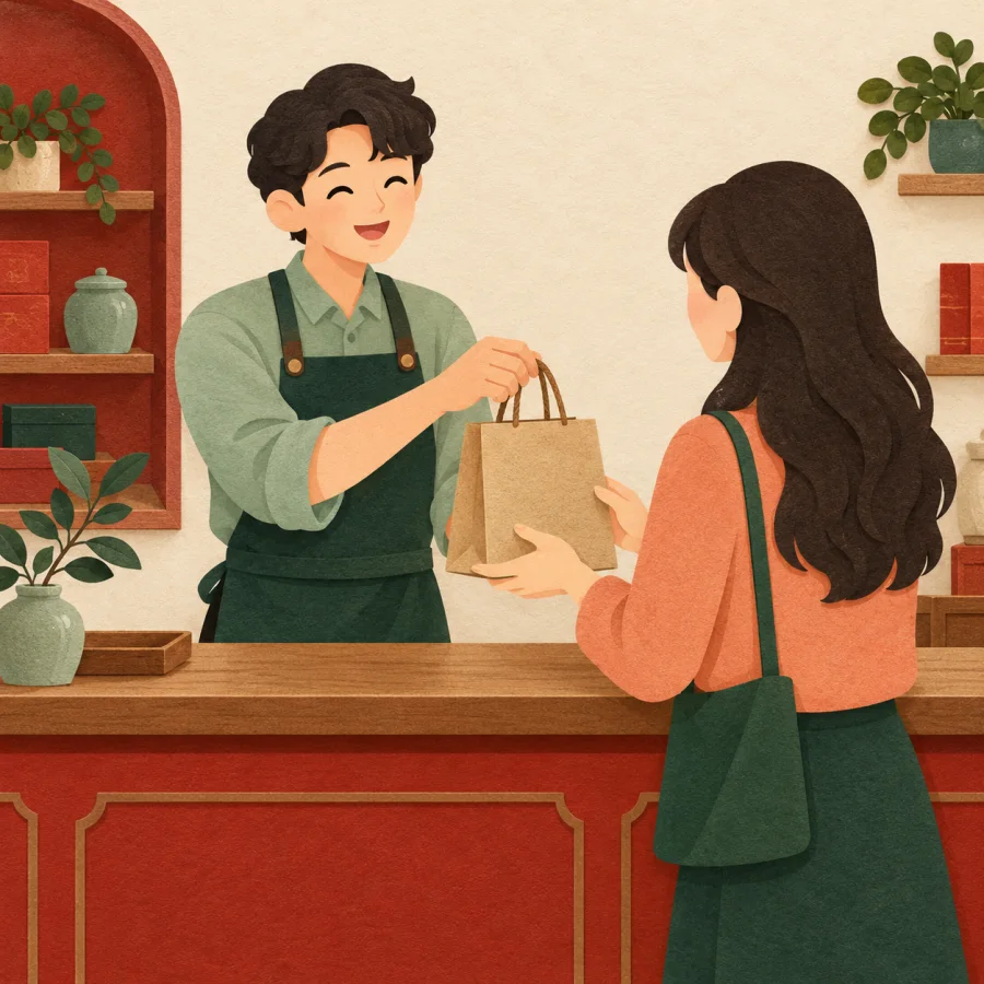 A seller behind a counter hands a customer a small bag