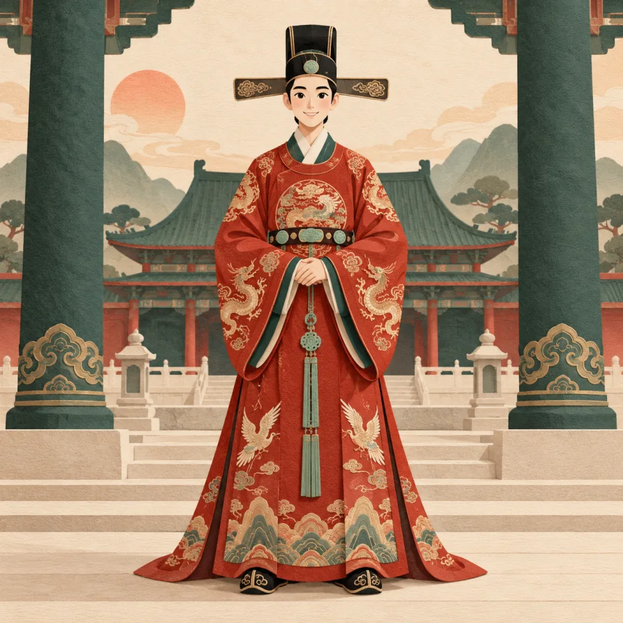 A person in a long embroidered robe before a pillared hall