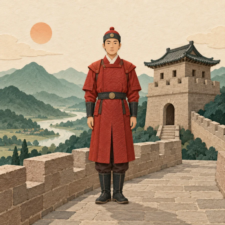 A guard stands by a watchtower above a green valley