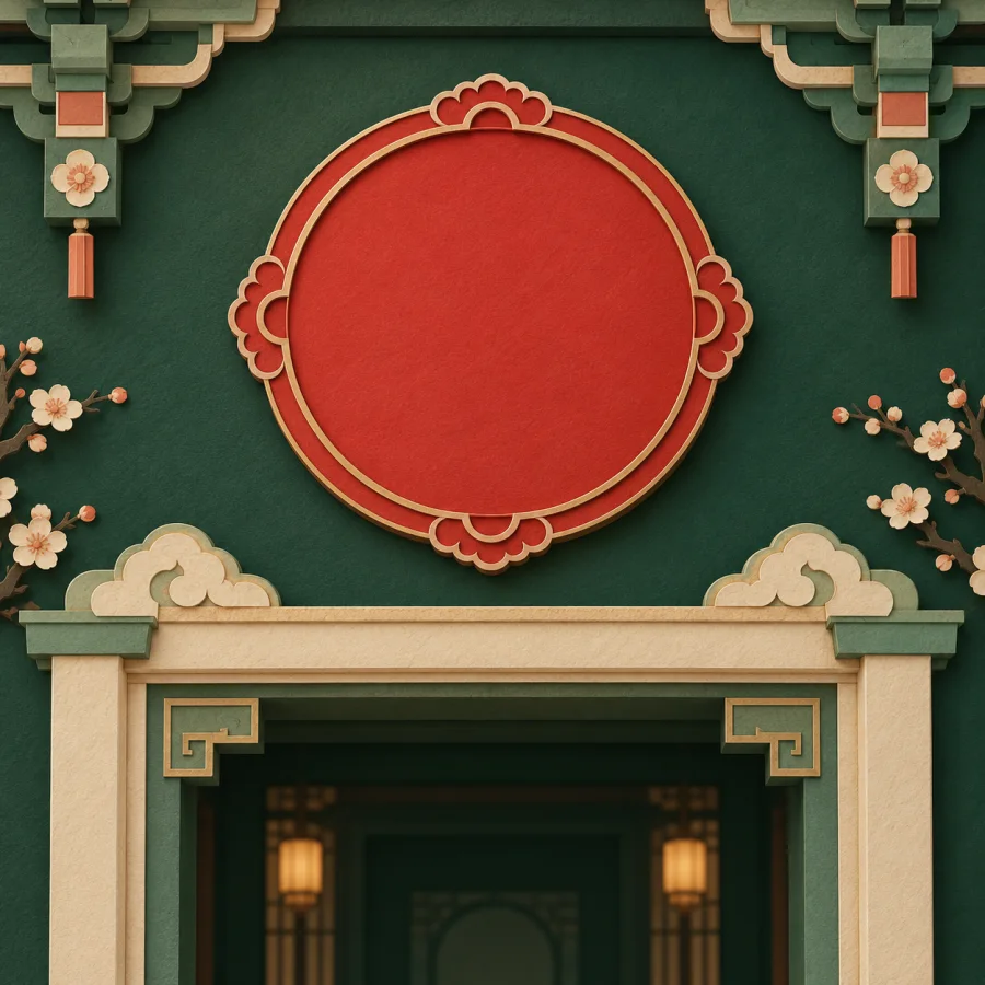 A round emblem hangs above a doorway