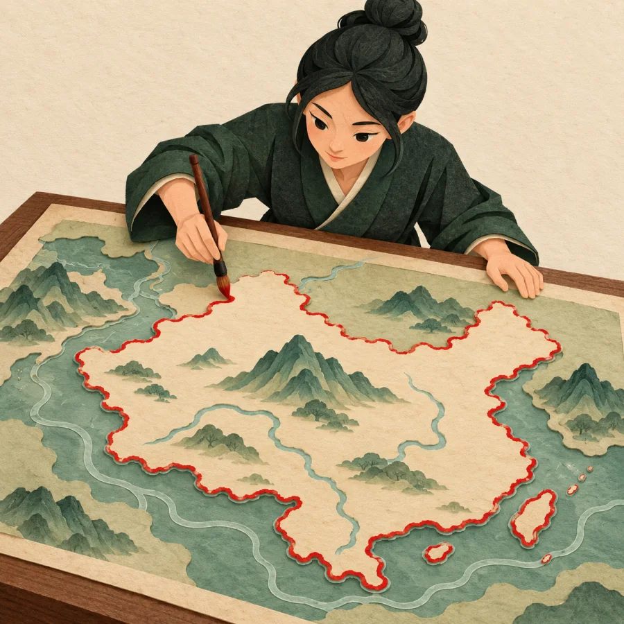 A person traces a land border on a large map with a brush