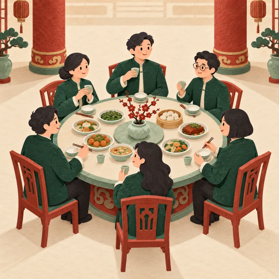 People in green jackets around a round table in a grand hall