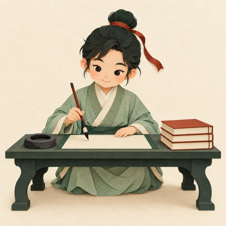 A child in a robe at a low desk with a brush and books