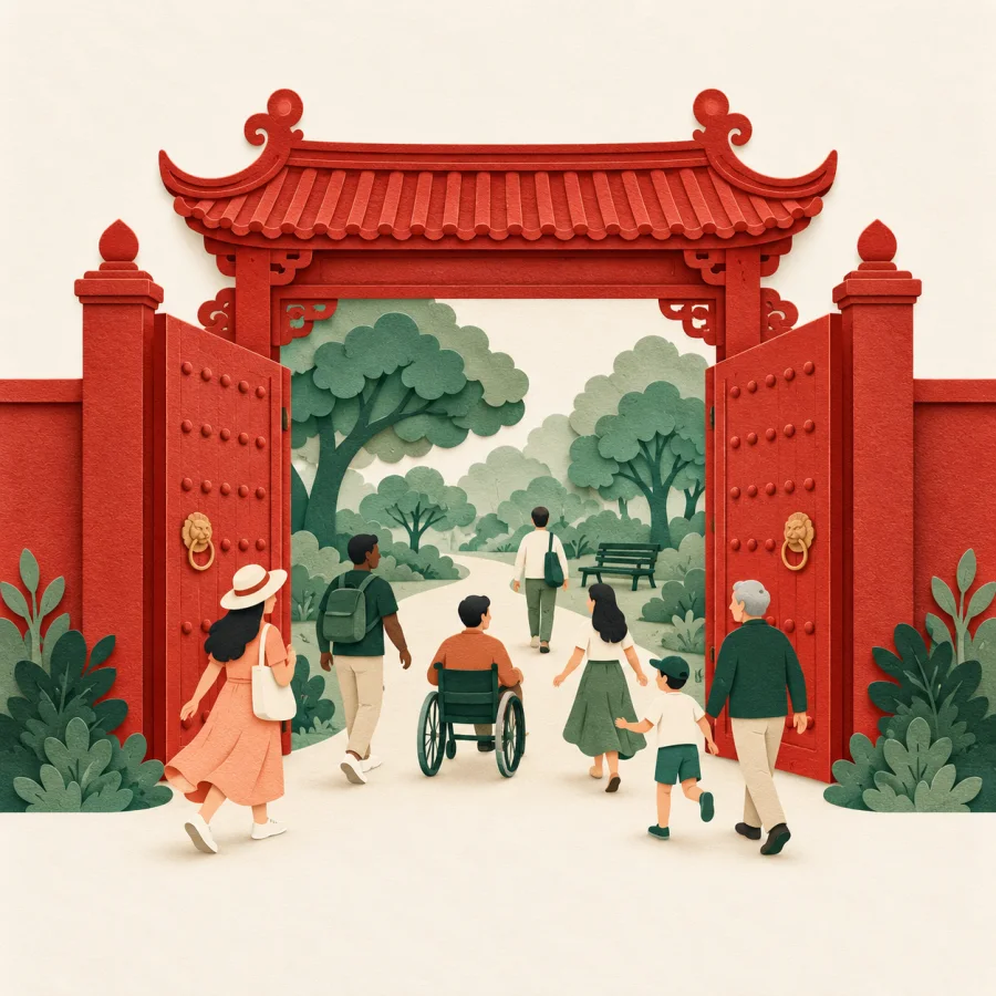 People walk freely through red gates into a public park