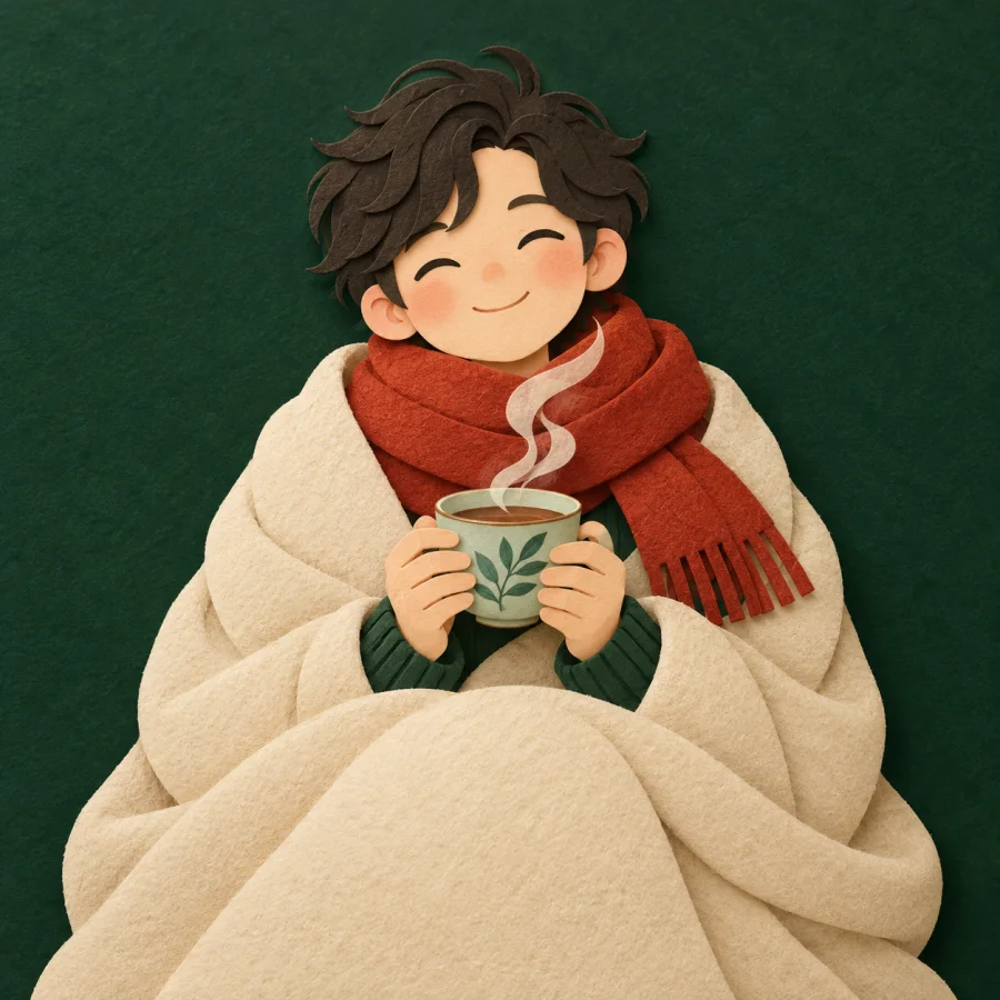 A person wrapped in a thick blanket holds a cup of tea