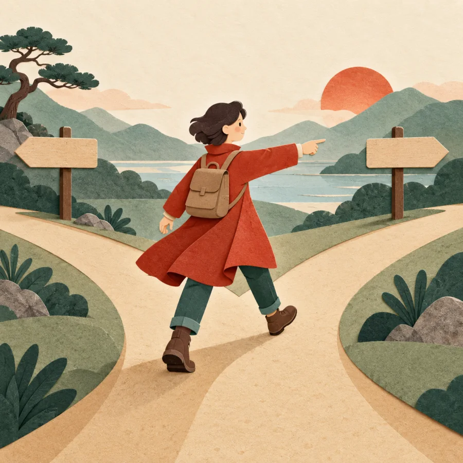 A person strides firmly at a fork, pointing the way