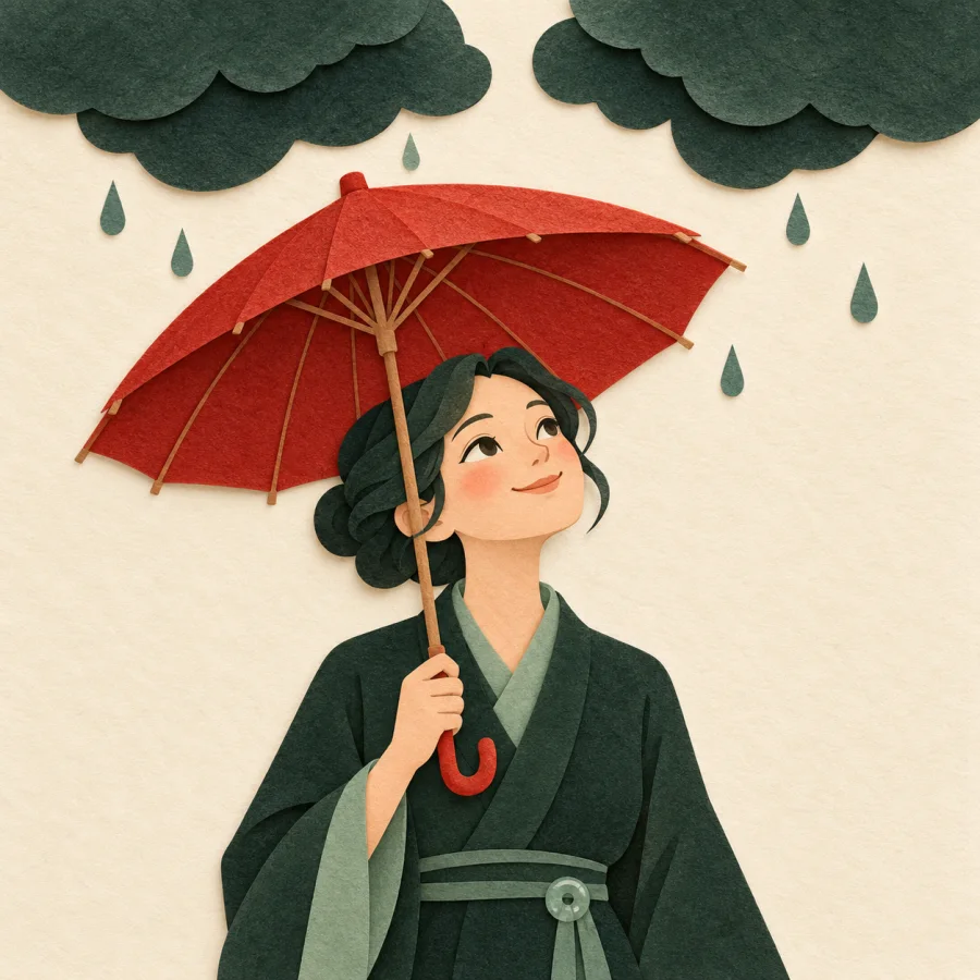 A person with an umbrella under rain clouds, as predicted