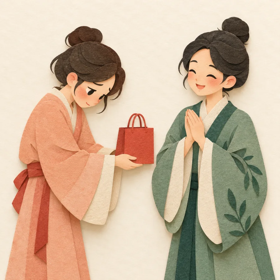 A person with a bowed head holds a gift bag