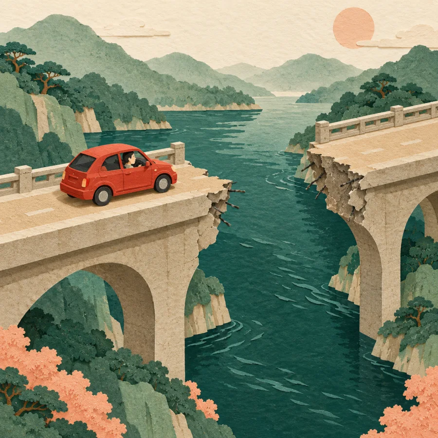 A car stops before a broken bridge over a river