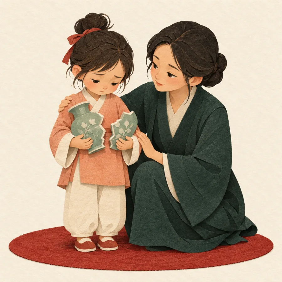 A child holding vase pieces with an adult kneeling nearby