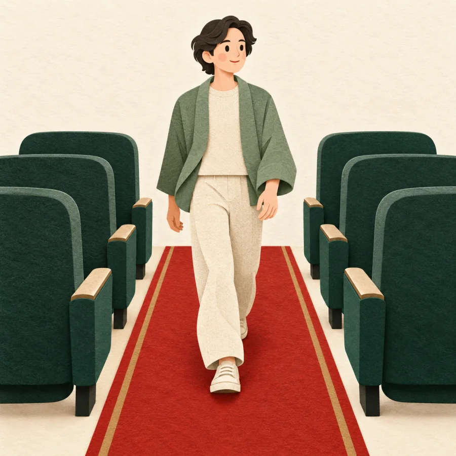 A person walks along a narrow aisle between seat rows