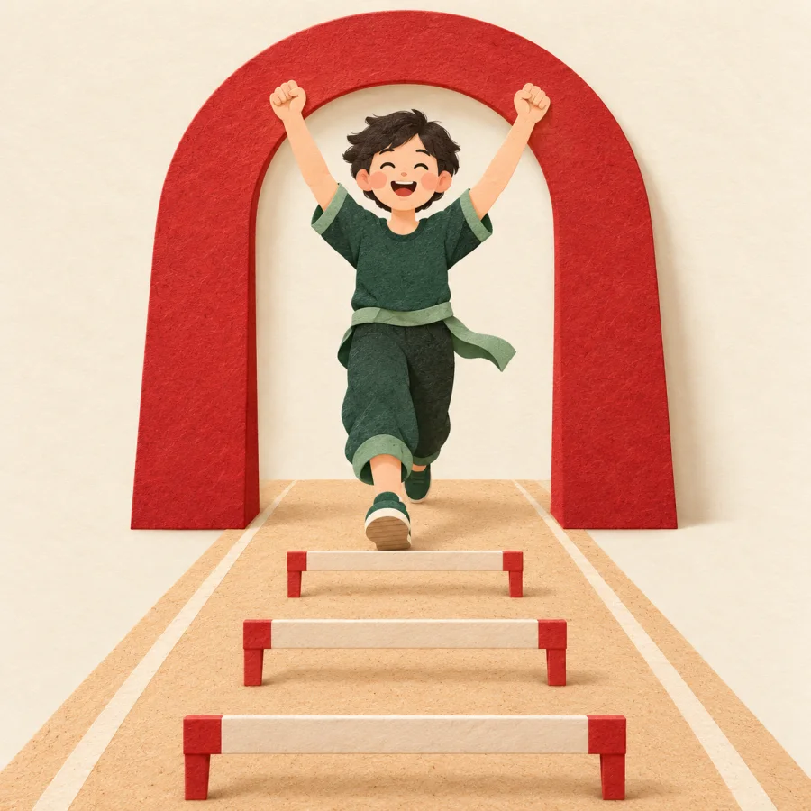 A person with raised arms passes a finish arch after hurdles