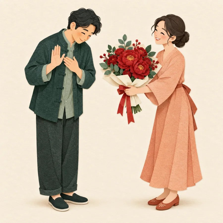 A person modestly waves a hand as a big bouquet is offered