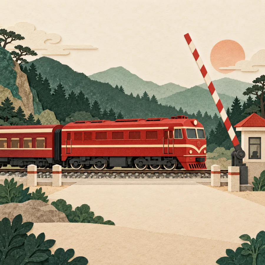 A train passes a raised striped barrier