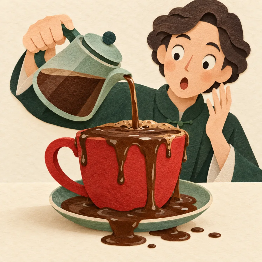 A coffee cup overflows onto its saucer