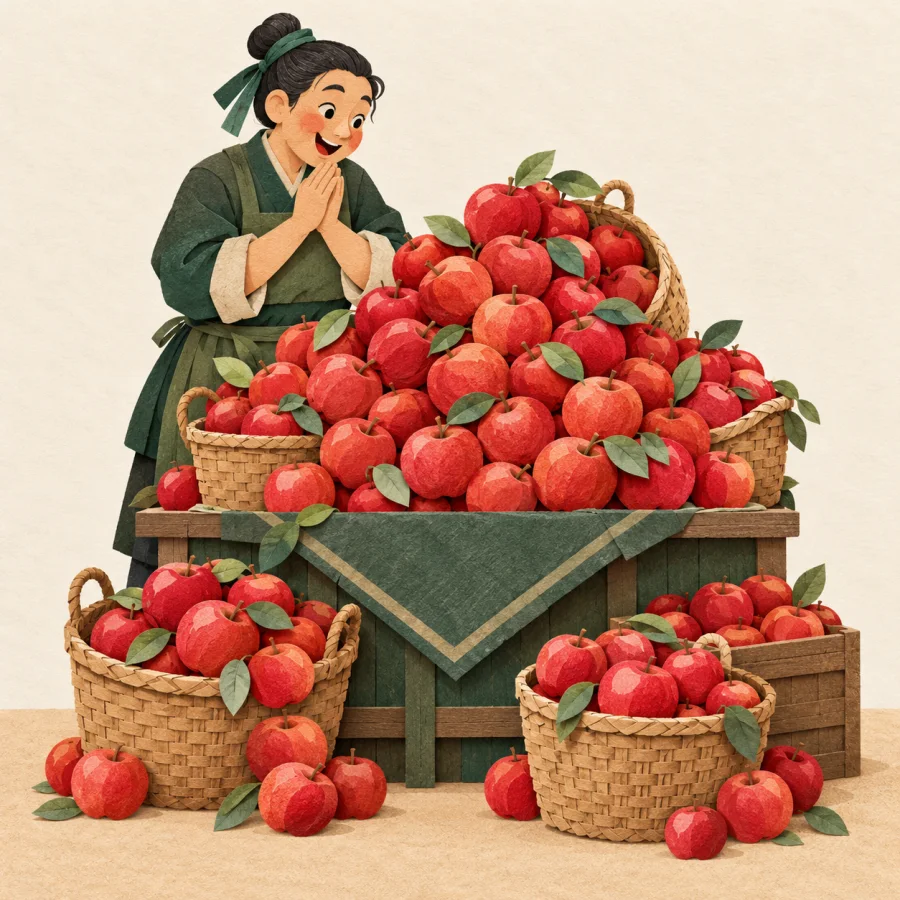 A vendor looks at huge piles of apples on a stall