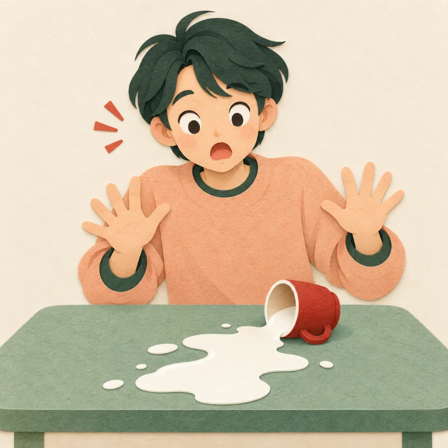 A startled person looks at a toppled cup and spilled milk