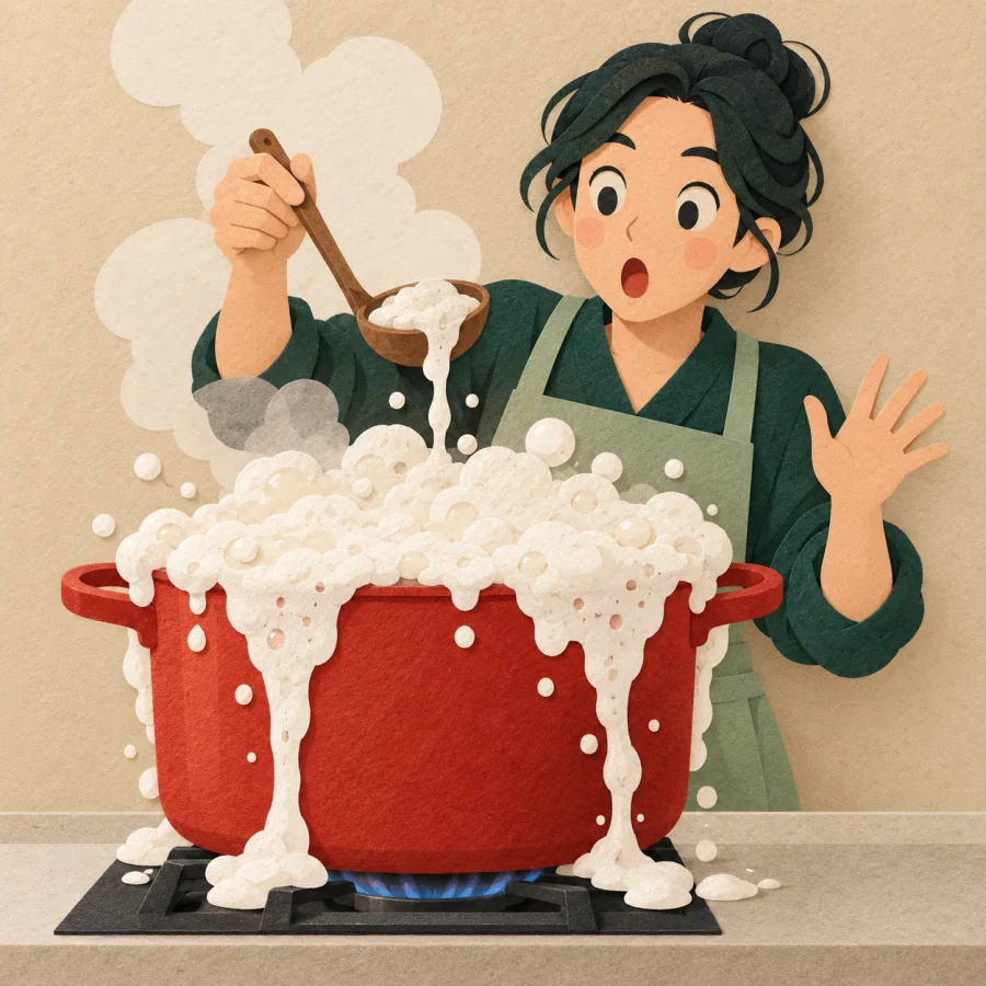 A pot boils over while a person with a ladle looks surprised