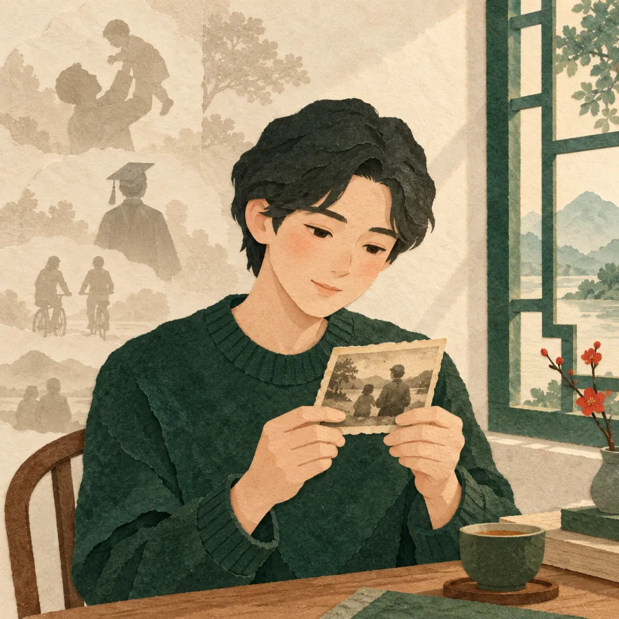 A person by a window holds a faded photograph