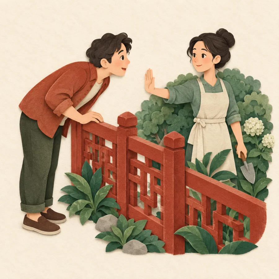 A person peers over a fence into a neighbor's garden