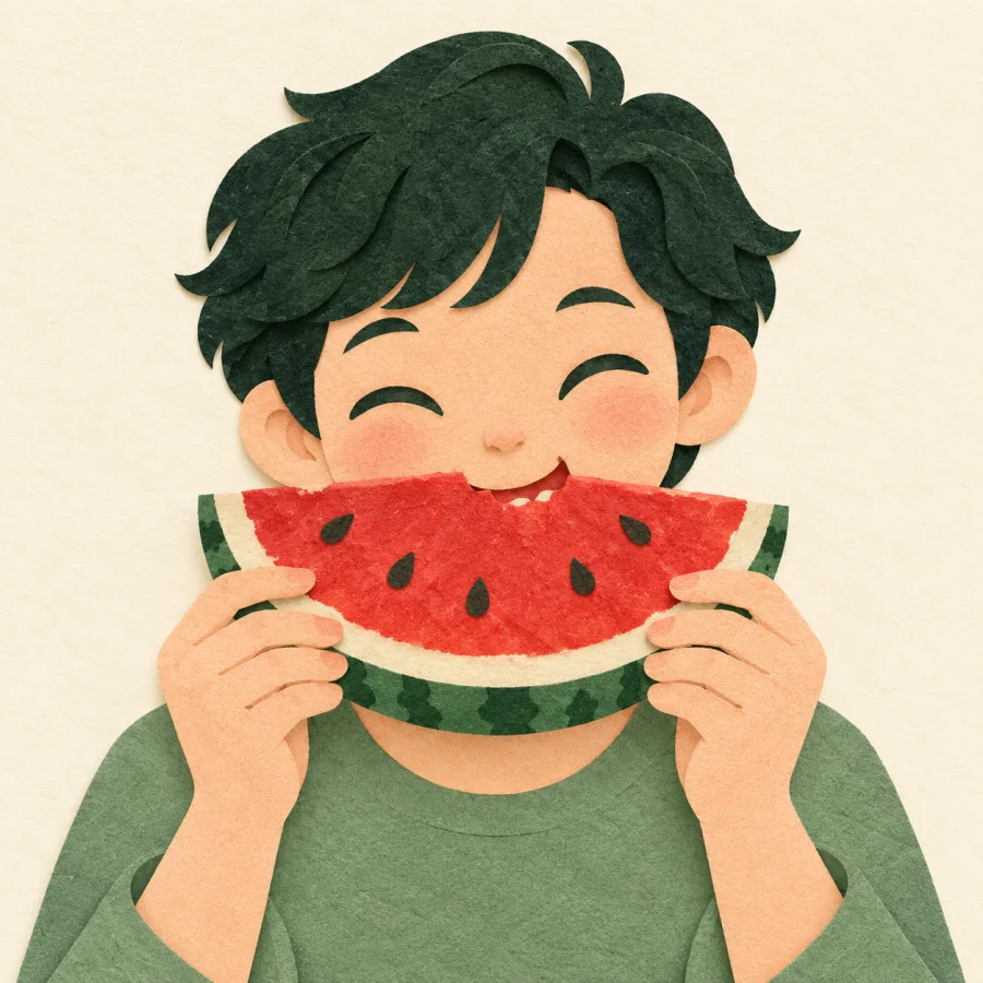 A person bites into a big slice of watermelon with delight