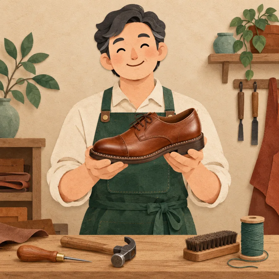 A craftsman shows a sturdily repaired shoe with tools beside