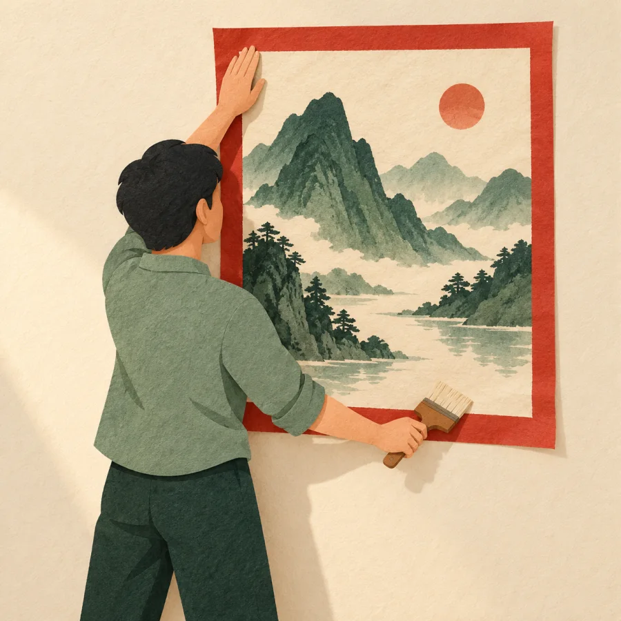 A person pastes a large poster of mountains on a wall
