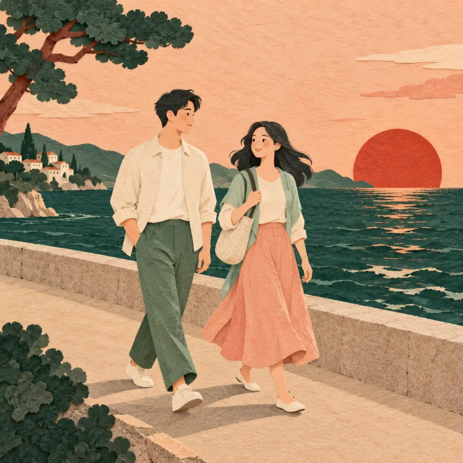 Two people stroll along a seaside promenade at sunset