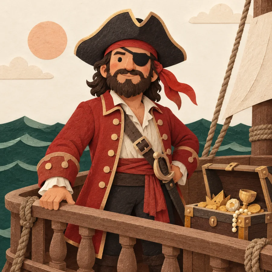 A person in a tricorn hat and eyepatch beside a chest