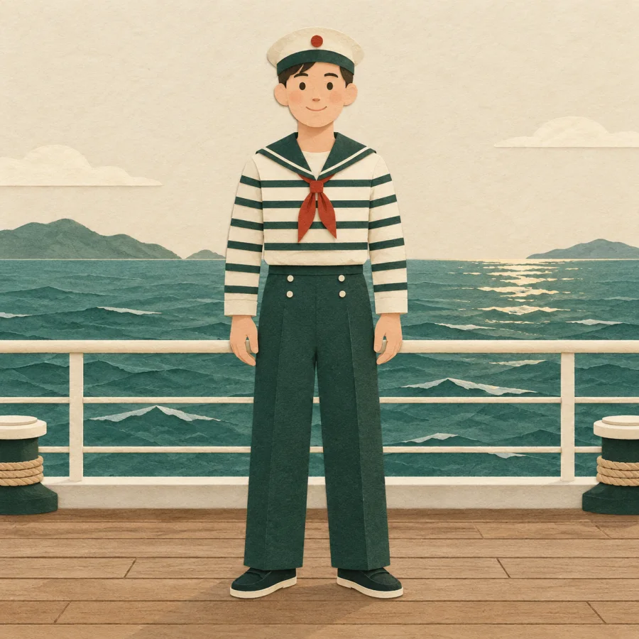 A sailor in a striped top stands straight on a deck
