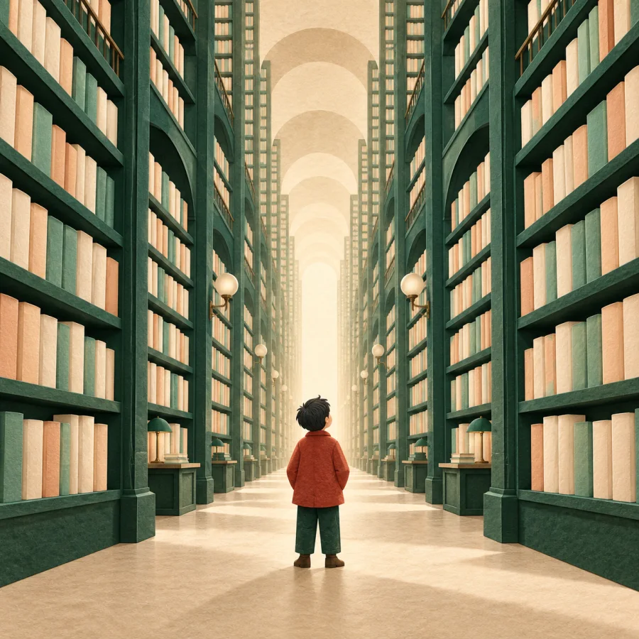 A person stands before endless shelves of books