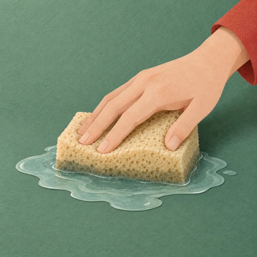 A sponge soaks up a puddle on a table under a hand