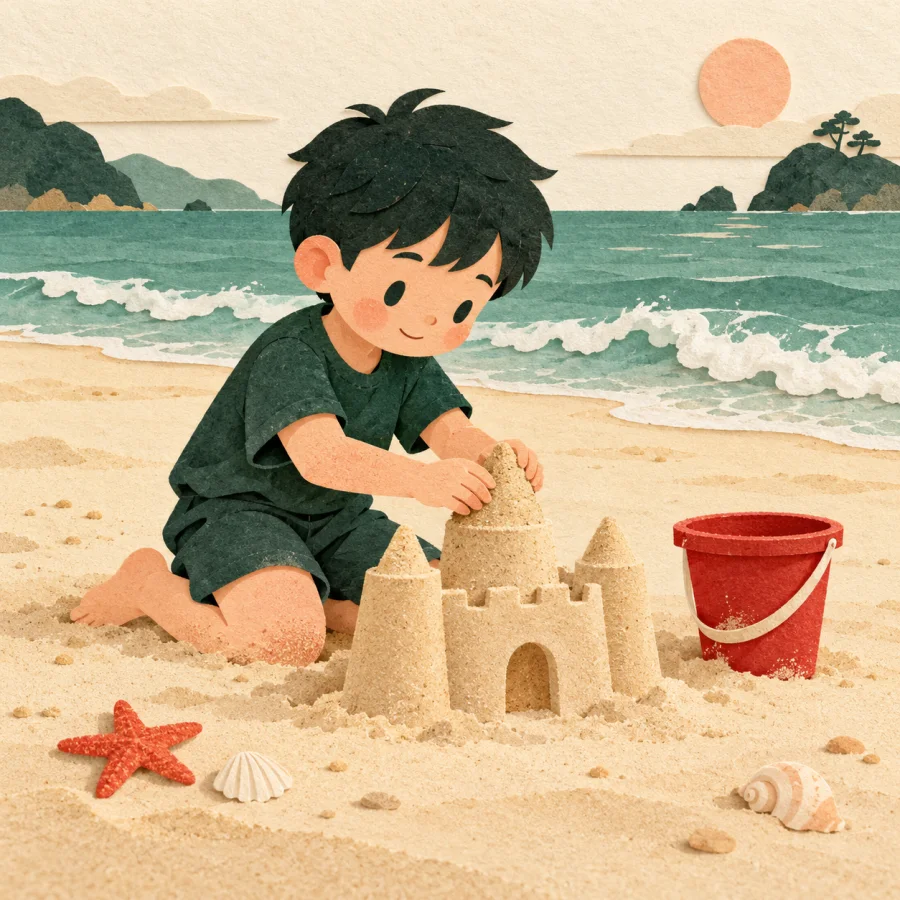 A child builds a sandcastle on a beach beside a red bucket