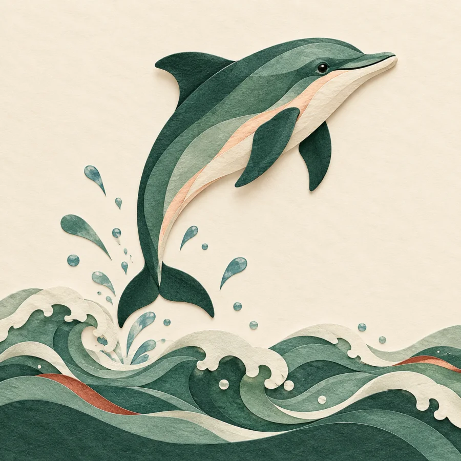 A dolphin leaps in an arc out of the waves