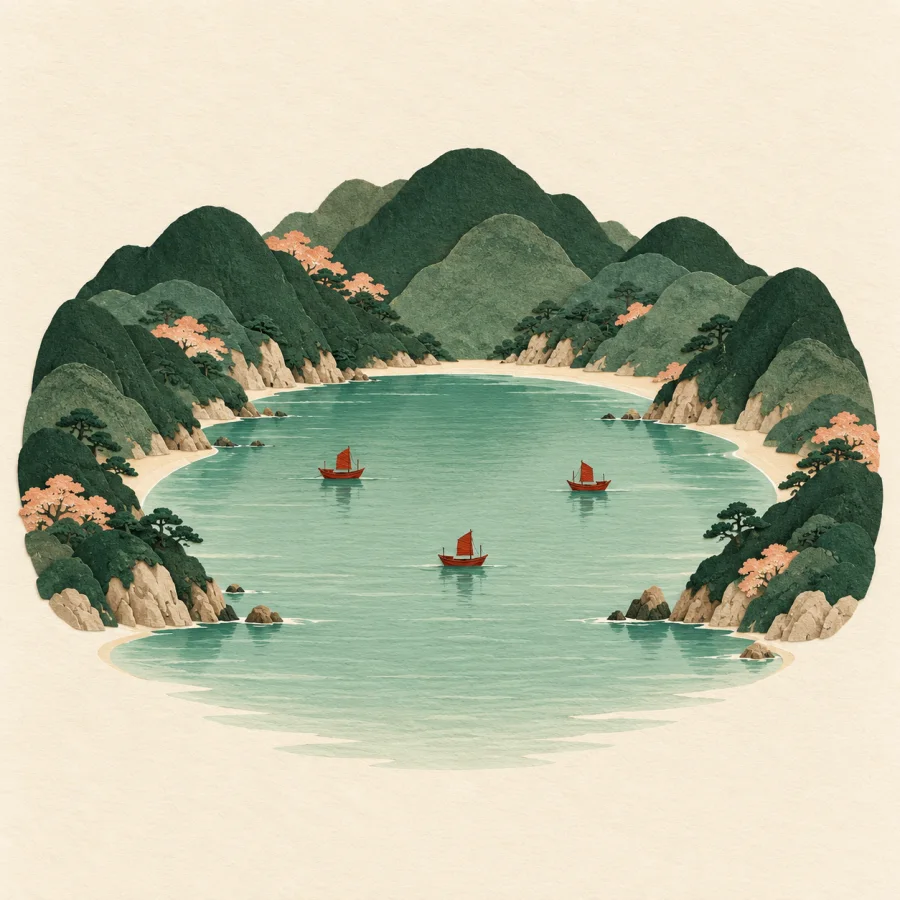 Boats rest in a calm bay surrounded by hills