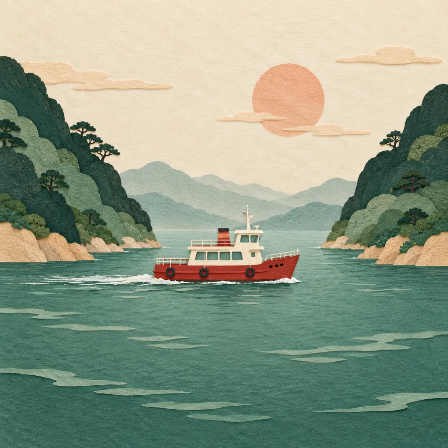 A small ferry crosses a narrow strait between two shores