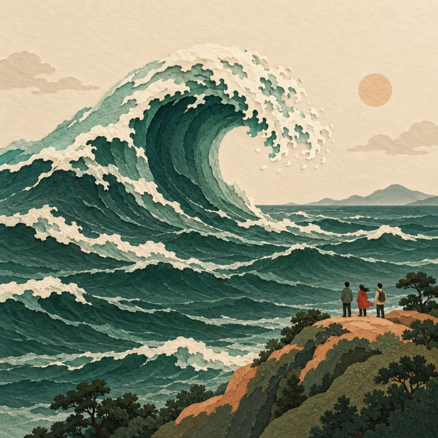 A huge wave far out at sea as people watch from a hill